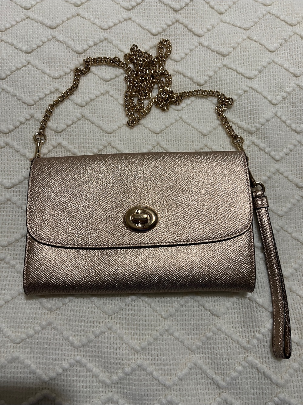 Coach Metallic Rose Gold Crossbody Wallet with Chain Strap